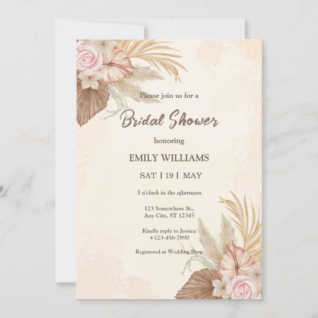 Invitation Elegant Boho Floral Pampas Grass Bridal Shower (Devant)