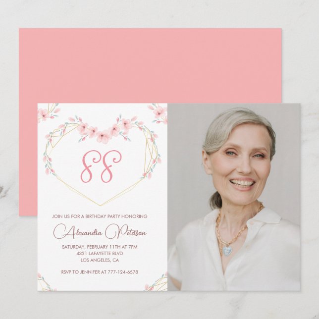 Invitation Elégant Boho Floral Photo 88e anniversaire (Devant / Derrière)