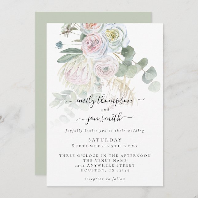 Invitation Elégant Boho Florals Eucalyptus Pastel Mariage (Devant / Derrière)