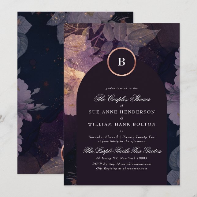 Invitation Élégant Boho foncé Floral Arch Rose Couples or (Devant / Derrière)