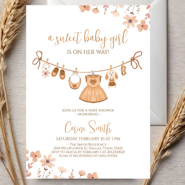 Invitation Elégant Boho Girl Baby shower de vêtements bébé (Créateur téléchargé)