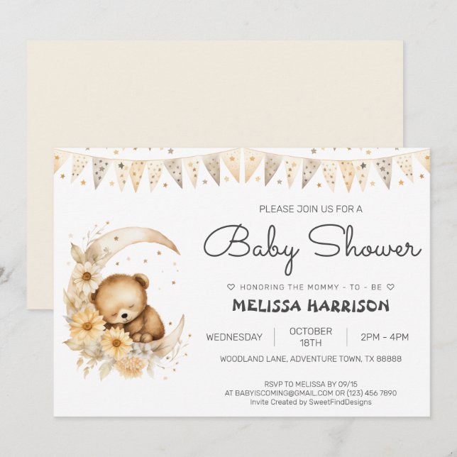Invitation Elégant Boho mignonne ours bébé garçon douche (Devant / Derrière)