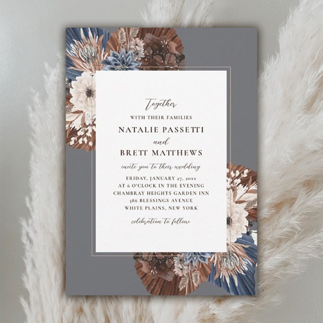 Invitation Elegant Boho Navy et Brown Florals Mariage (Créateur téléchargé)