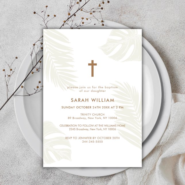 Invitation Élégant Boho Neutre Feuille Croix d'or Baptême (Elegant Neutral Boho Leave Gold Cross Baptism Invitation)