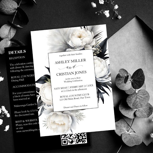 Invitation Élégant Boho noir et blanc tout en un mariage (Elegant Black and white peony flowers boho all in one wedding editable template Invitation download)