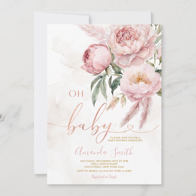 Invitation Elégant Boho Oh Baby Rose Roses Baby shower Fleur (Devant)