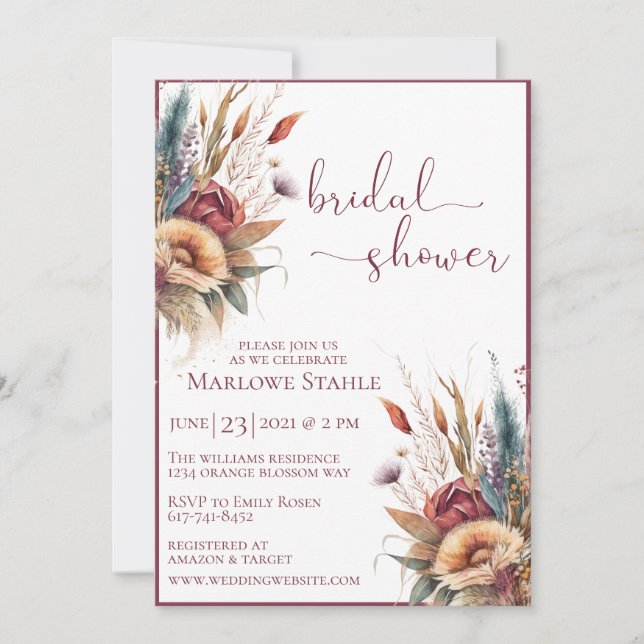 Invitation Elégant Boho pampas herbe douche nuptiale (Devant)