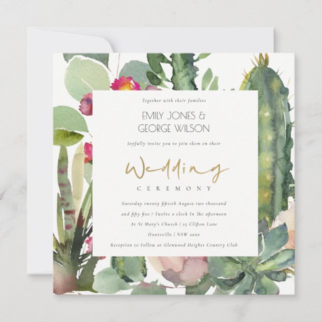 INVITATION ÉLÉGANT BOHO PINK FLORAL CACTI FOLIMARIAGE (Devant)