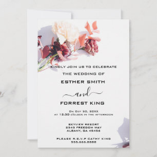Invitation Elégant Boho Retro Floral rose & blanc Mariage