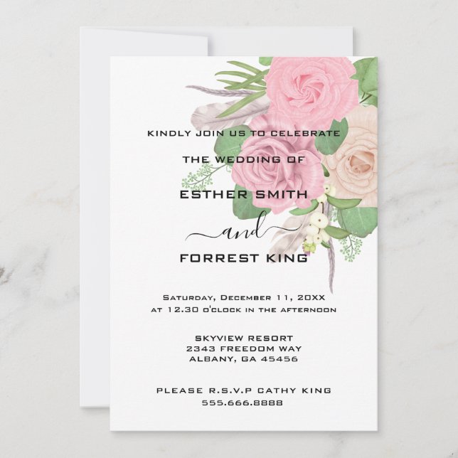 Invitation Elégant Boho rose blanc bouquet Mariage (Devant)