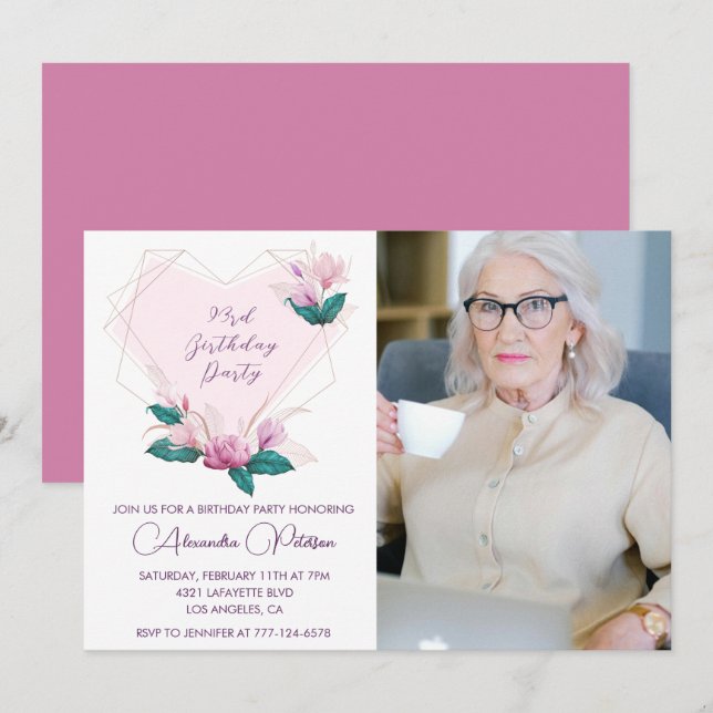 Invitation Elégant Boho rose floral photo 93e anniversaire (Devant / Derrière)