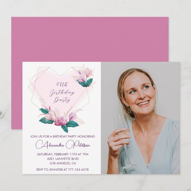 Invitation Elégant Boho rose florale Photo 48e anniversaire (Devant / Derrière)