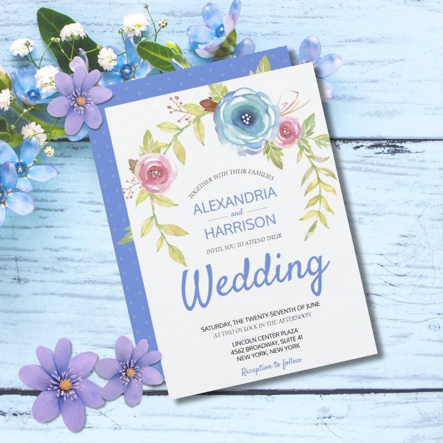 Invitation Elégant Boho Rose Rose Rose Rose Rose Mariage Arc  (Elegant Boho Blue Pink Rose Floral Wedding Invitation)