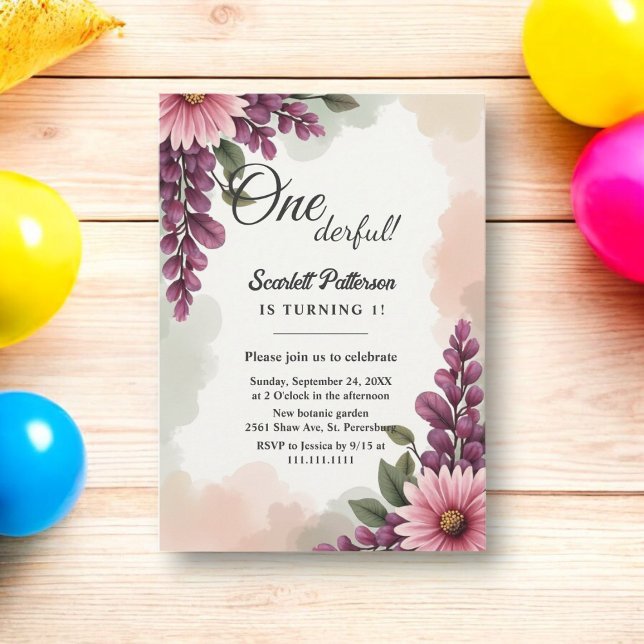 Invitation Elégant Boho rustique aquarelle Floral 1er anniver (Créateur téléchargé)