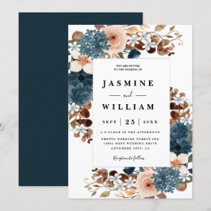 Invitation Elégant Boho Rustique Floral Navy Mariage bleu