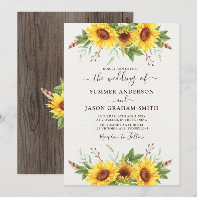 Invitation Elégant Boho Sunflowers Mariage d'aquarelle d'été (Devant / Derrière)