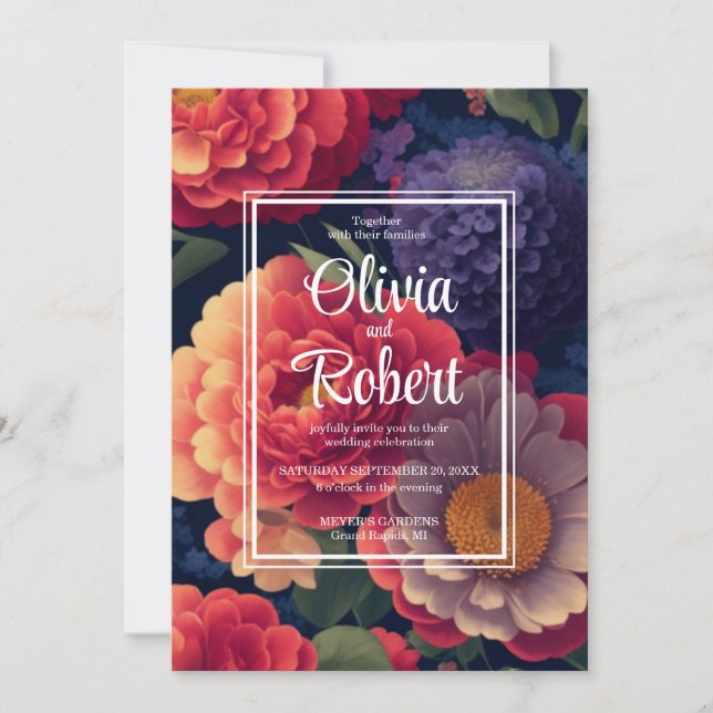 Invitation Élégant boho vintage orange rouge violet fleuri (Devant)