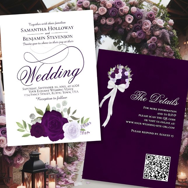Invitation Élégant Boho violet Roses Floral QR Code Mariage (Front/Back)