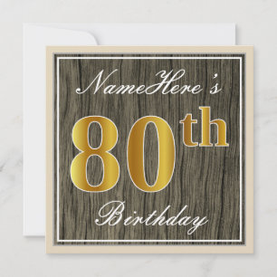Invitation Élégant, Bois Faux, Or Faux 80e Anniversaire + Nom