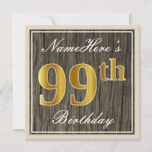 Invitation Élégant, Bois Faux, Or Faux 99e Anniversaire + Nom