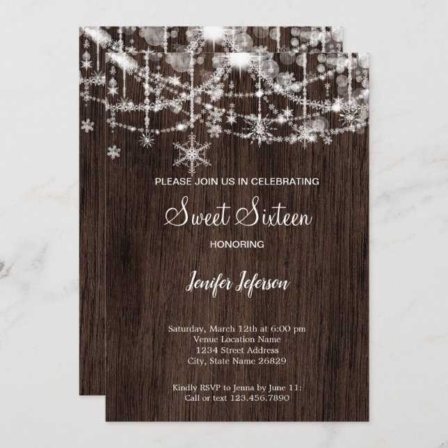 Invitation Élégant bois hiver Sweet 16Invitation (Devant / Derrière)