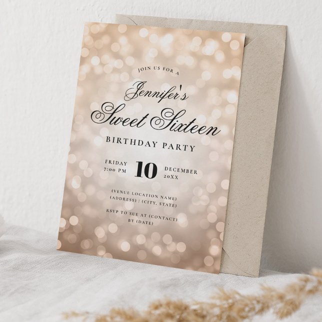 Invitation Élégant Bokeh Lights Script Sweet 16 Rose Gold (Elegant Bokeh Lights Script Sweet 16 Rose Gold Invitation)
