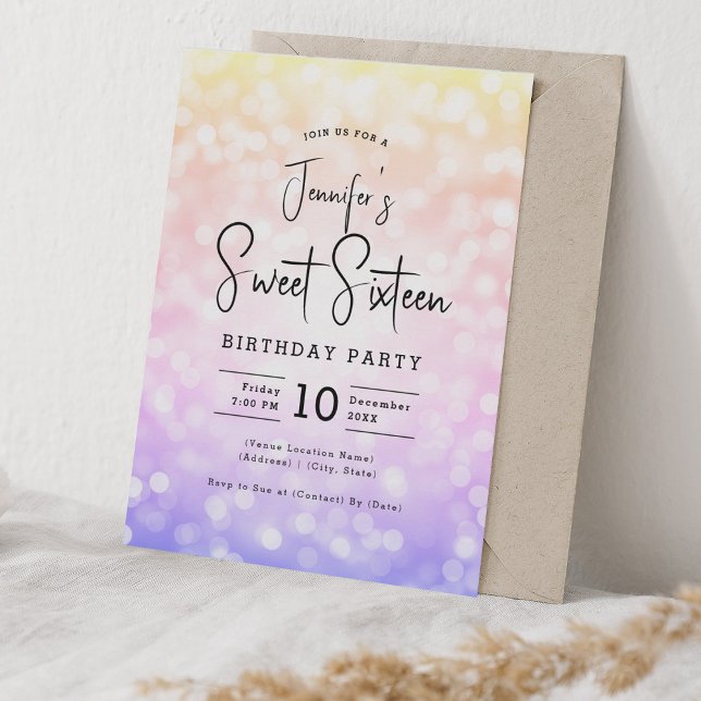 Invitation Elégant Bokeh Modern Script Sweet 16 Ombre Rainbow (Elegant Bokeh Modern Script Sweet 16 Ombre Rainbow Invitation)