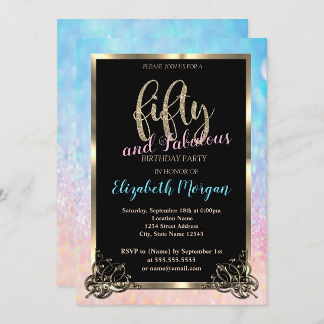 Invitation Elégant Bokeh Ombre Gold Frame 50e fête d'annivers (Devant / Derrière)