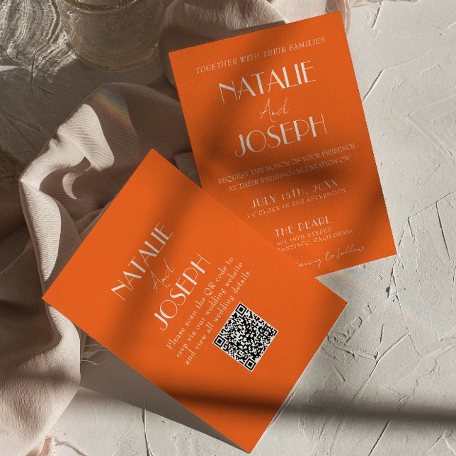 Invitation Elegant Bold Orange Stylish QR Code Wedding (Créateur téléchargé)