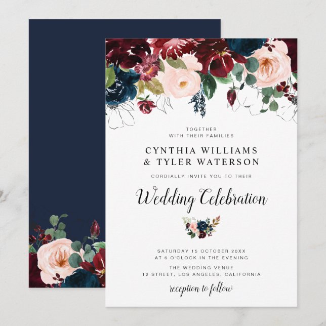 Invitation Elégant bordeaux & mariage floral bleu marine (Devant / Derrière)