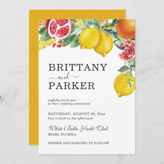 Invitation Élégant Botanique Aquarelle de Citron pour Mariage (Devant / Derrière)