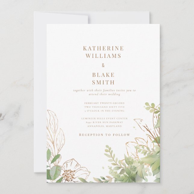 Invitation Élégant Botanique Avec Mariage De Texte Or (Devant)