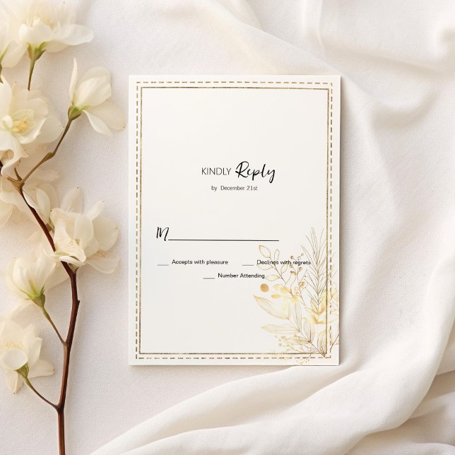 Invitation Elégant botanique blanc floral RSVP (Elegant botanical white gold floral RSVP)