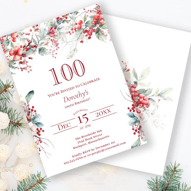 Invitation Elégant Botanique de Berry d'hiver 100e anniversai (Créateur téléchargé)