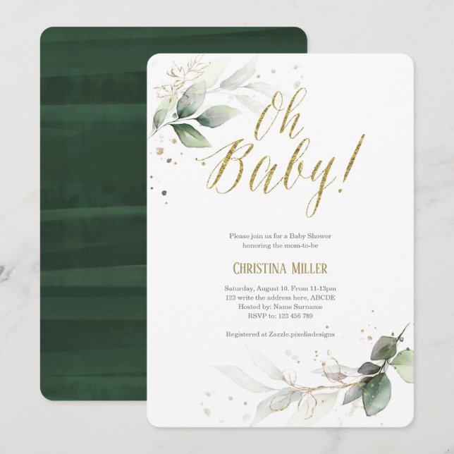 Invitation Elégant, Botanique, Moderne, Verdure, Baby shower (Devant / Derrière)