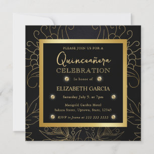 Invitation Élégant Botanique Noir et Or pour Quinceanera