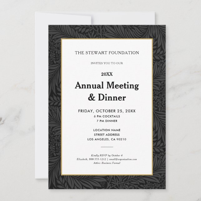 Invitation Élégant Botanique Noire Dîner d'affaires annuel (Devant)