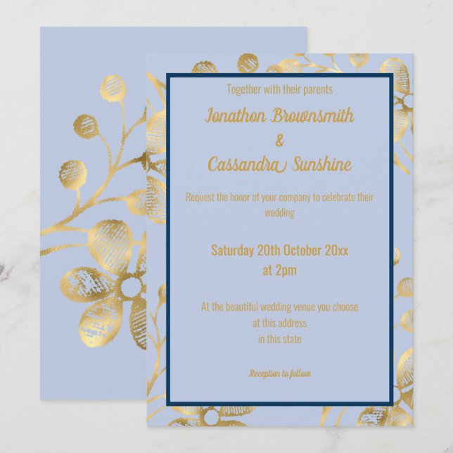 INVITATION ÉLÉGANT BOTANIQUE OR PERIWINKLE NAVY MARIAGE (Devant / Derrière)
