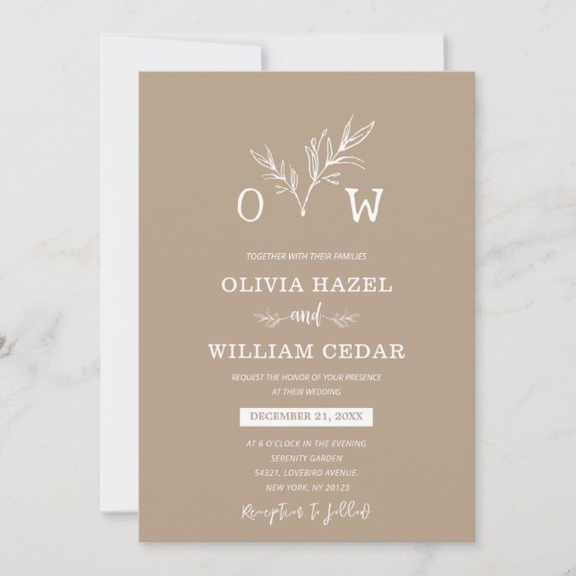 Invitation Élégant Botanique Pale Taupe Mariage Monogramme (Devant)