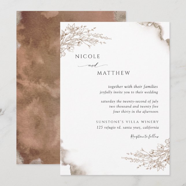 Invitation Elégant Botanique, Tons Terreux Mariage d'aquarell (Devant / Derrière)