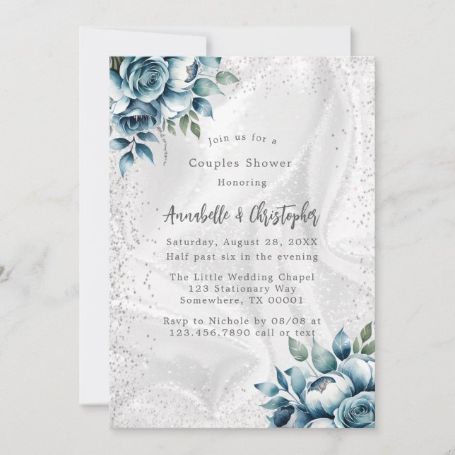 Invitation Elégant Bouquet bleu argent Dusty Couples Douche (Devant)