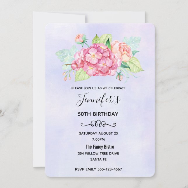 Invitation Elégant Bouquet de fleurs rose Aquarelle Anniversa (Devant)