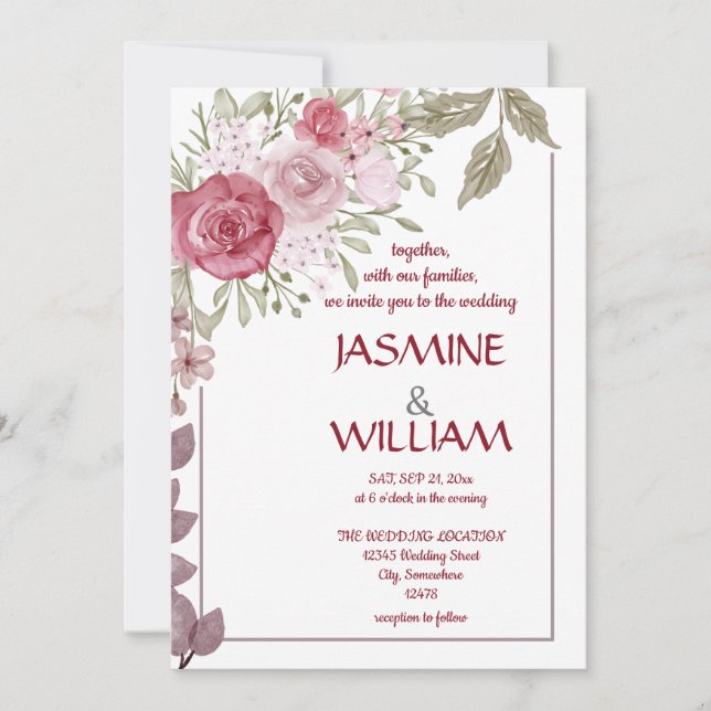 Invitation Elégant bouquet fleuri rose, violet, beige (Devant)