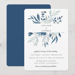 Invitation Élégant bouquet floral bleu mariage