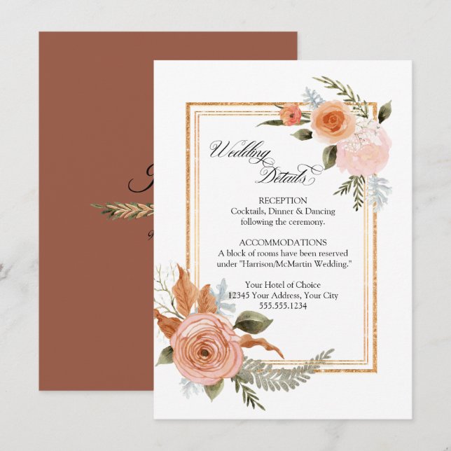 Invitation Elégant Bouquet Rose Gold Détails Mariage (Devant / Derrière)