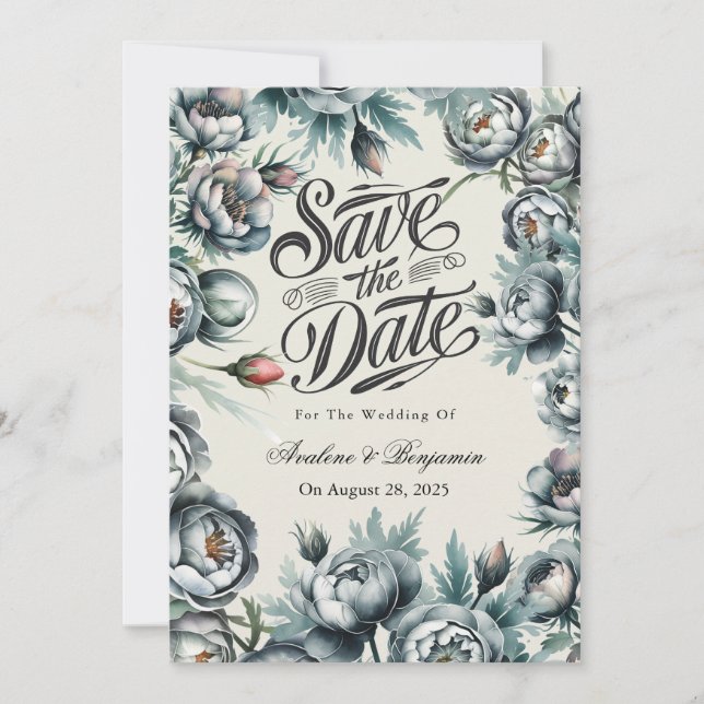Invitation Élégant Bouquet vert et gris Enregistrer la date (Devant)