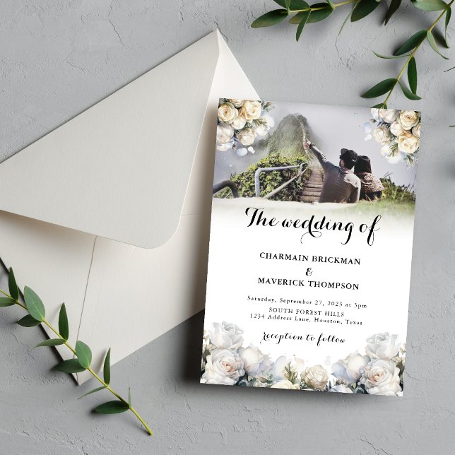Invitation Élégant Bouquets de fleurs blanches Mariage photo (Créateur téléchargé)