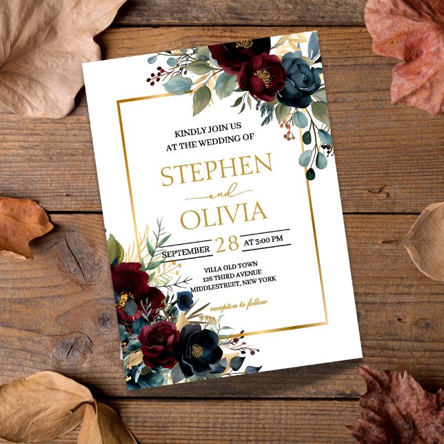 Invitation Élégant Bourgogne Floral Floroms & mariage de verd (Créateur téléchargé)