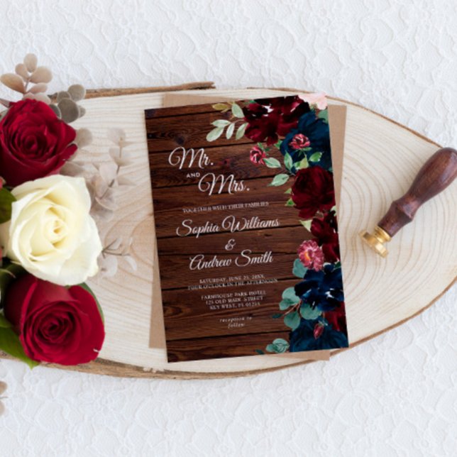 Invitation Elégant Bourgogne & Marine Blue Flowers Mariage en (Créateur téléchargé)