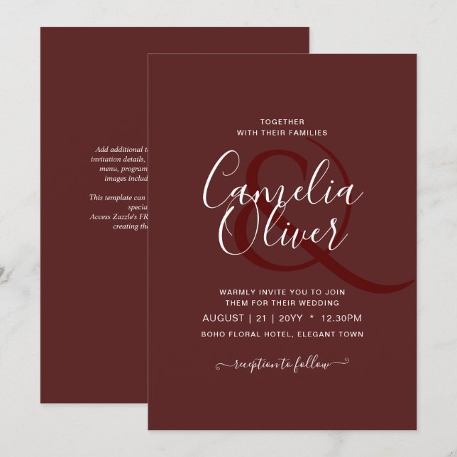 Invitation Élégant Bourgogne Monochrome Mariage Simple Classi (Devant / Derrière)